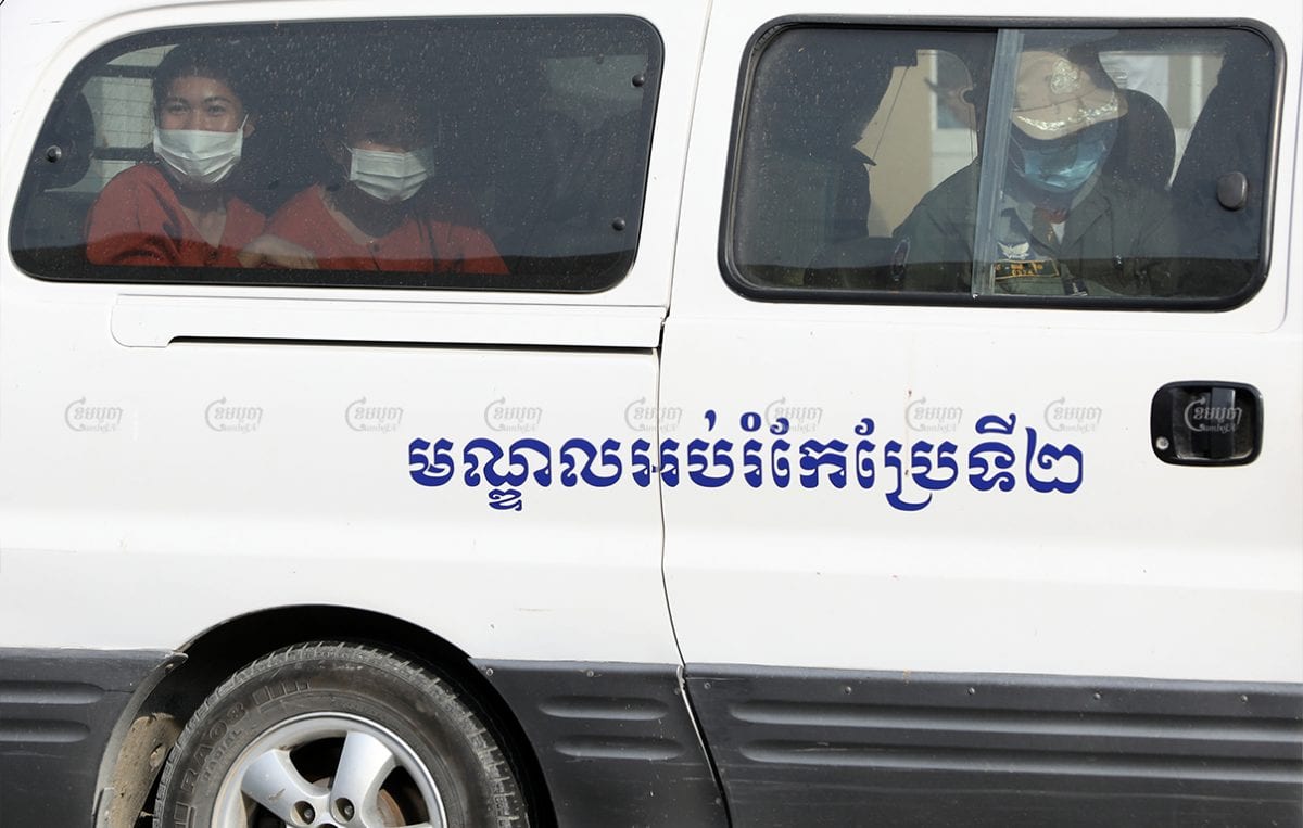 Environmental activists from advocacy group Mother Nature arrive at Phnom Penh Municipal Court for their hearing, April 8, 2021. CamboJA/ Pring Samrang