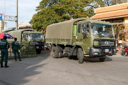 Militarily trucks transport food to a Stung Meanchey red zone, April 20, 2021. CamboJA/ Panha Chhorpoan