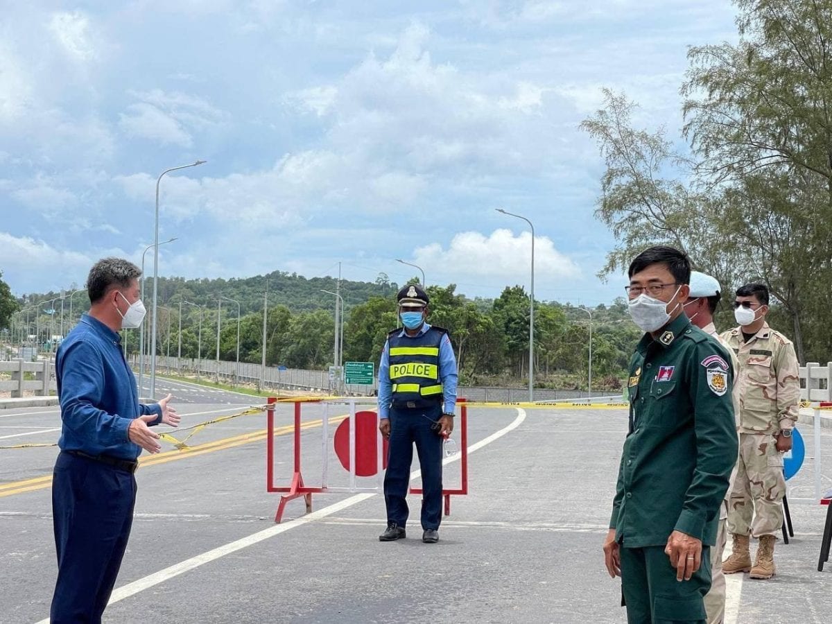 Kuoch Chamroeun, Preah Sihanouk provincial governor inspects barricades in Sihanoukville placed to prevent people from entering or leaving the locked down area, in a photo posted on the provincial administration’s Facebook page, April 23, 2021.