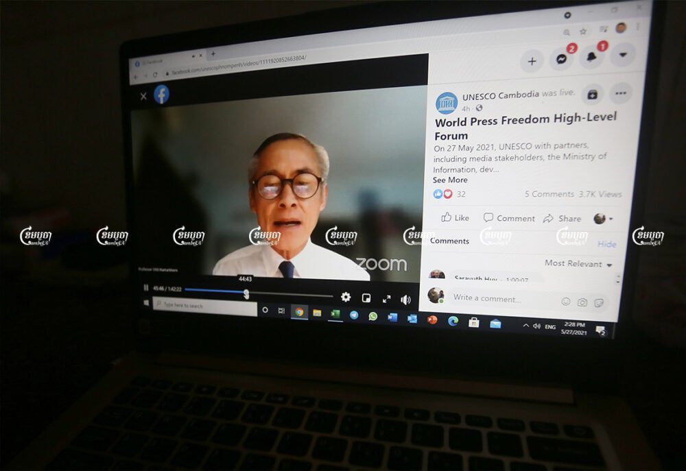 UN special envoy Vitit Muntarbhorn speaks at a high-level webinar on press freedom, Phnom Penh, May 27, 2021. CamboJA/ Pring Samrang