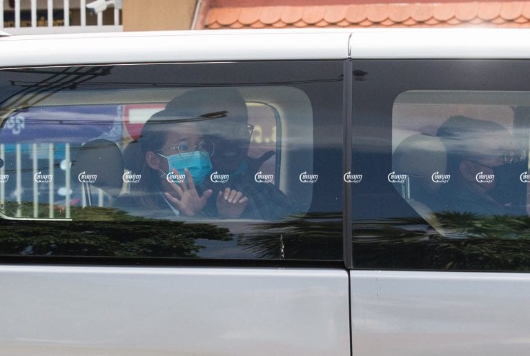 The three Mother Nature activists arrive at the Phnom Penh Municipal Court for questioning, June 19, 2021. CamboJA/ Panha Chhorpoan