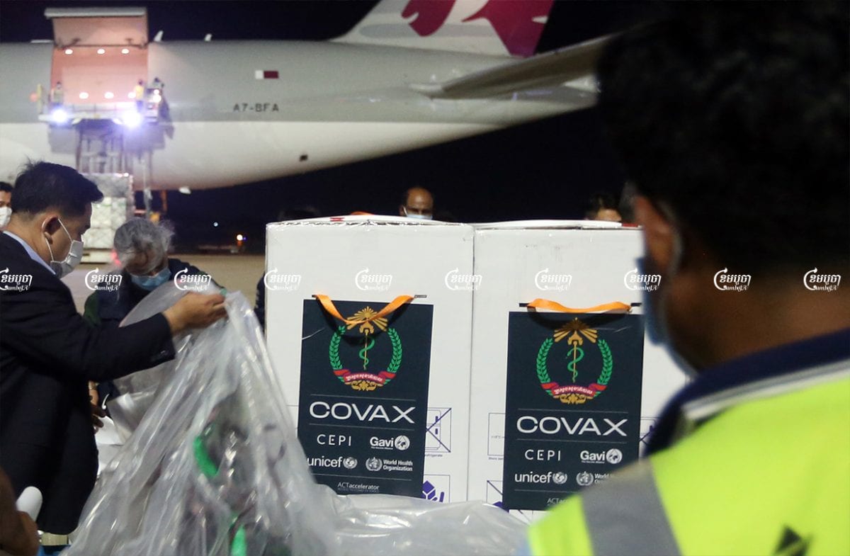A shipment of AstraZeneca vaccine donated by Unicef and facilitated by the global COVAX initiative arriving earlier this year at Phnom Penh International Airport. Picture taken on March 2, 2021. CamboJA/ Pring Samrang