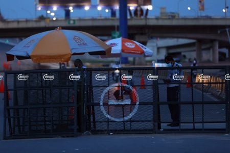 Police set up a barricade along a street during a lockdown in Phnom Penh, Picture taken on April 24, 2021. CamboJA/ Pring Samrang