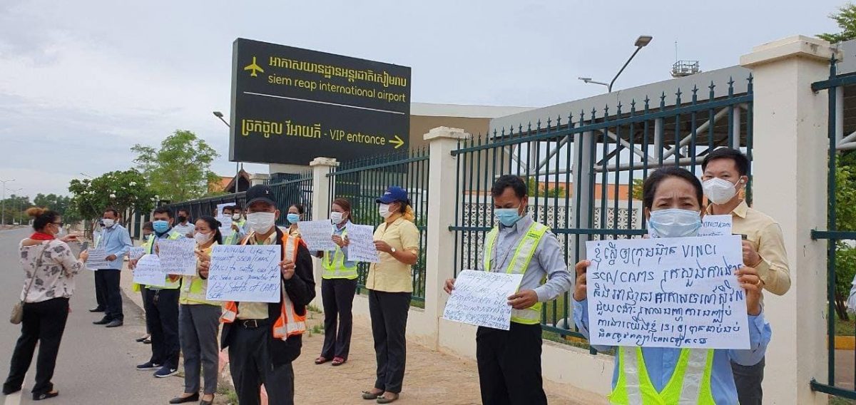 Former Siem Reap airport staff protested in front of the airport to demand compensation on July 23. CTWF