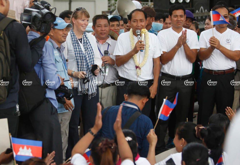 Ath Thorn, president of the Cambodian Labor Confederation speaks to workers during the Labor Day celebration in Phnom Penh, Picture taken on May 1, 2019. CamboJA/ Pring Samrang