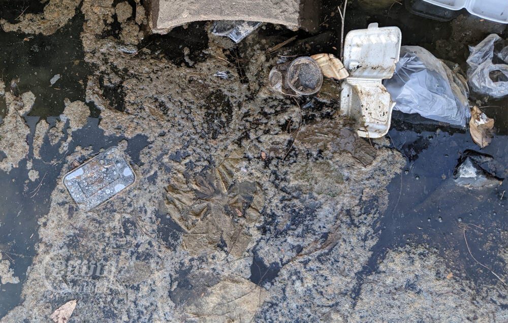 Wastewater and trash piled up in the creek in Kampot city, February 25, 2022. CamboJA/ Sovann Sreypich 