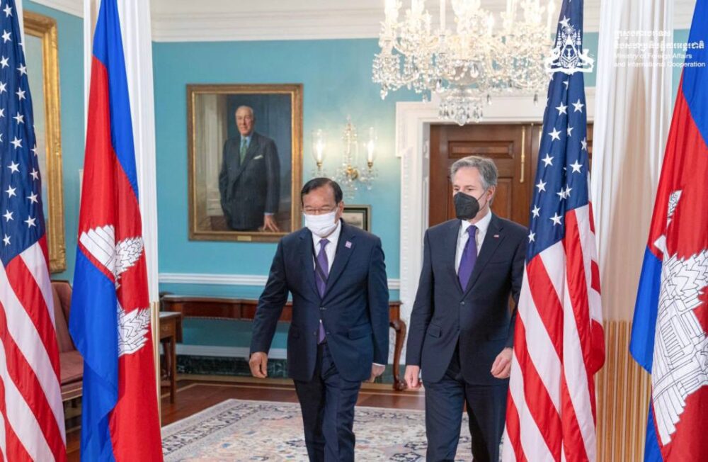 Cambodian Foreign Affairs Minister Prak Sokhonn with his counterpart, U.S. Secretary of State Antony Blinken, during a bilateral meeting in Washington. Picture taken May 13, 2022. Posted to the Facebook page of the Foreign Affairs Ministry.