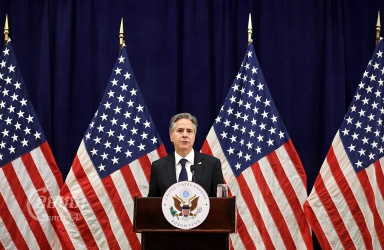 US secretary of state Antony J. Blinken speaks to media during a press conference in Phnom Penh, August 5, 2022. CamboJA/Pring Samrang