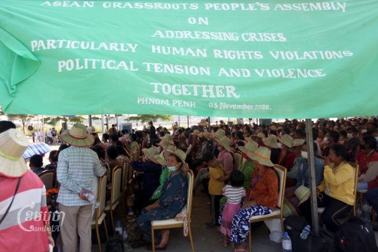 Hundreds gather in Phnom Penh’s Freedom Park on November 3, 2022, to rally for solutions to their land disputes and raise concerns regarding various human rights abuses ahead of an Asean summit in Phnom Penh. CamboJA/ Pring Samrang