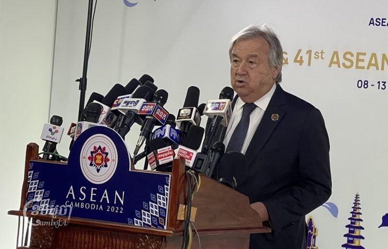 UN Secretary-General Antonio Guterres speaks during a press conference at the Asean summit in Phnom Penh on November 12, 2022. CamboJA/Sorn Sarath