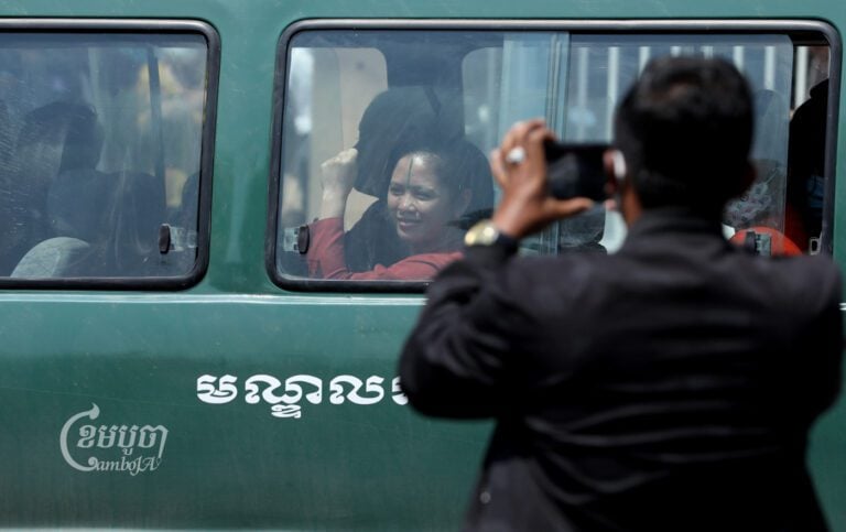 NagaWorld Union leader Chhim Sithar leaves the Phnom Penh Municipal Court after the first day of trial on February 21, 2023. CamboJA/ Pring Samrang