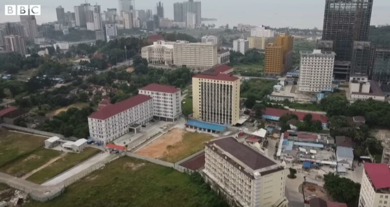 Sihanoukville’s Huang Le compound, an alleged scam and trafficking site, owned by Okhna Kuong Li. (Image: BBC)
