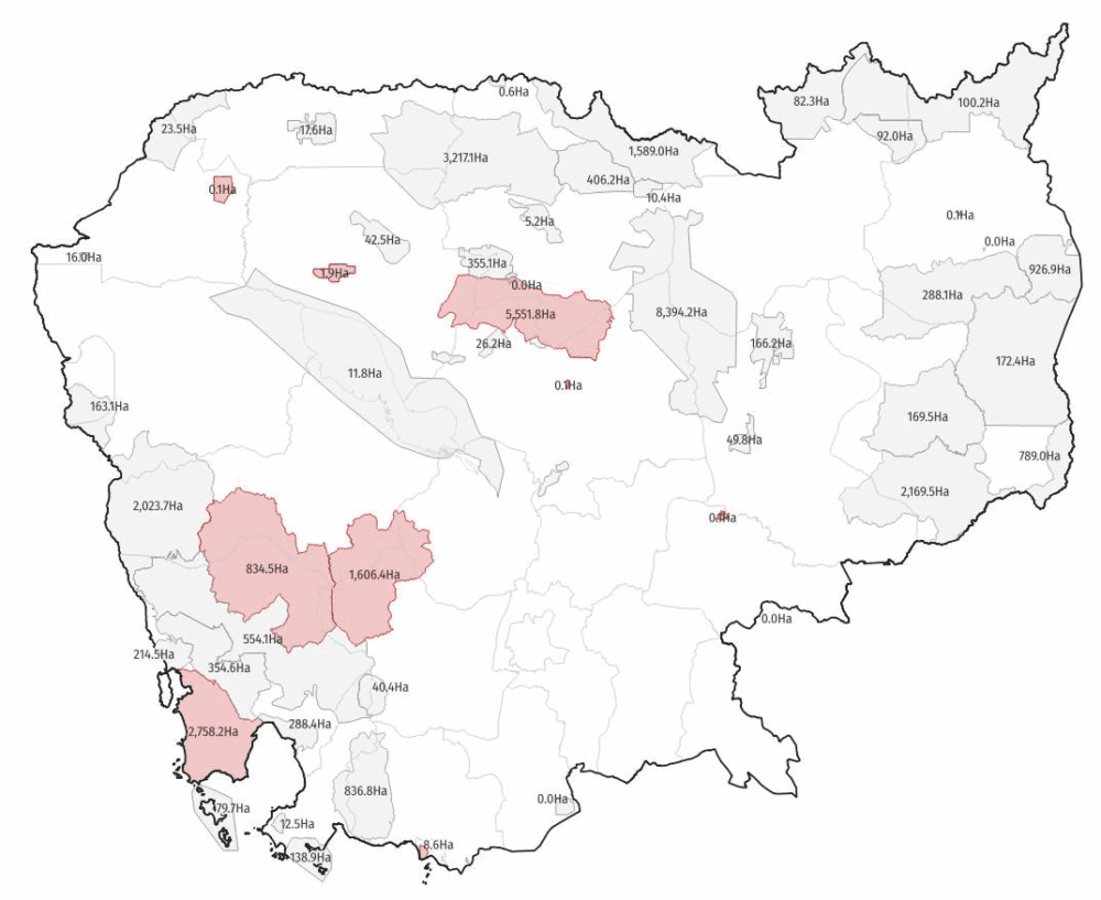 Satellite data from the GLAD database showing forest loss in protected areas across the country in 2022. (Licadho)