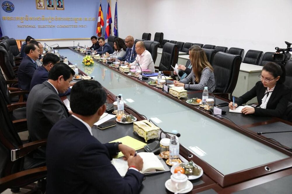 NEC President Prach Chan had a meeting with International Organization of la Francophonie (OIF) representatives, on July 18, 2023. (NEC’s Facebook page)