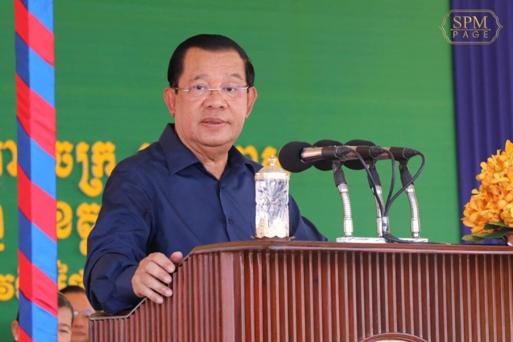 Prime Minister Hun Sen gives a speech during a meeting with garment workers on June 3, 2023. (Hun Sen’s Facebook)