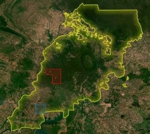 The newly expanded boundaries (in yellow) of the Veun Sai-Siem Pang National Park in Stung Treng and Ratanakiri provinces. Satellite image by Planet Basemaps from May 2023. (Licadho)