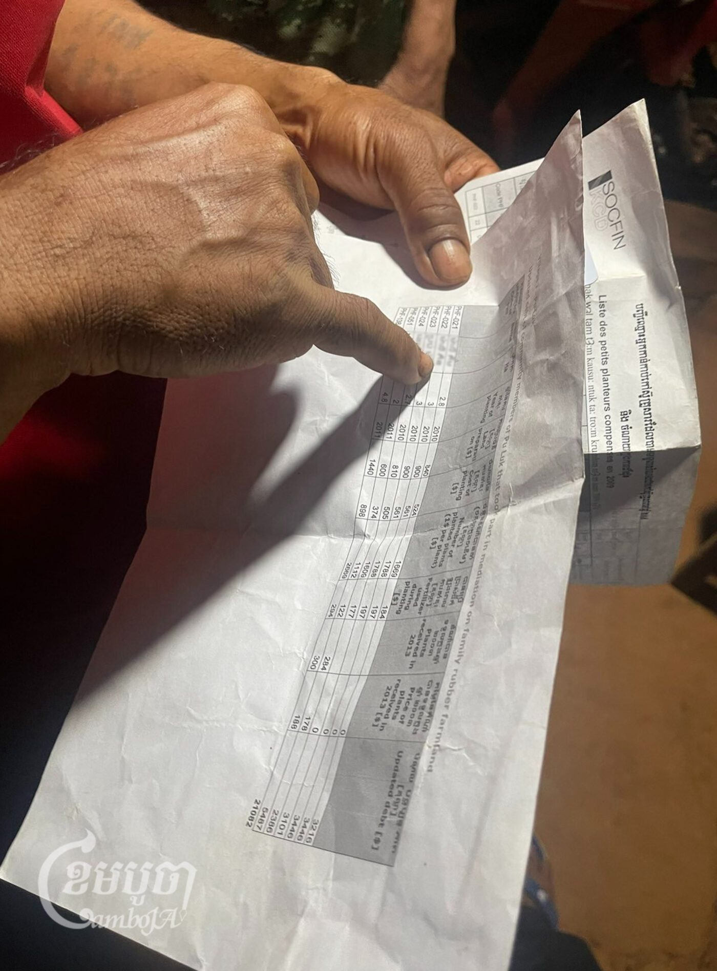 A Bunong villager in Bousra commune shows the updated debt list shared by Socfin. (CamboJA/Jack Brook)