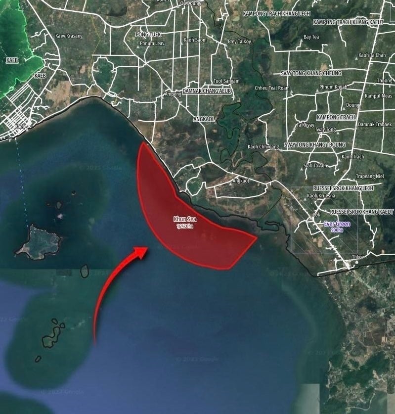 A map of the land concession, off of the coast of Kep province, awarded to Tycoon Khun Sea's TP Moral Group. (Licadho)