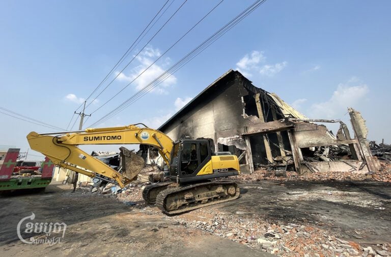 R.G Footwear in Kandal province went up in flames on Tuesday leaving more than 2,000 workers without jobs, March 20, 2024. (CamboJA/Pring Samrang)
