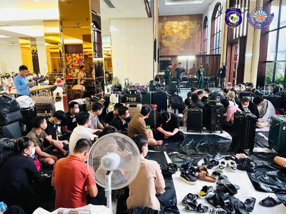 Preah Sihanouk police raid a building where an illegal online scam was operating on March 10, 2024. (Preah Sihanouk police’s Facebook)
