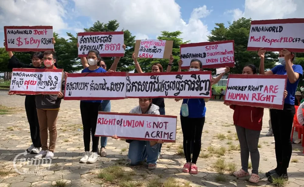 Former NagaWorld workers organize a campaign during the Paris Peace Agreement in Phnom Penh, October 22, 2023. (CamboJA/Uon Chhin)