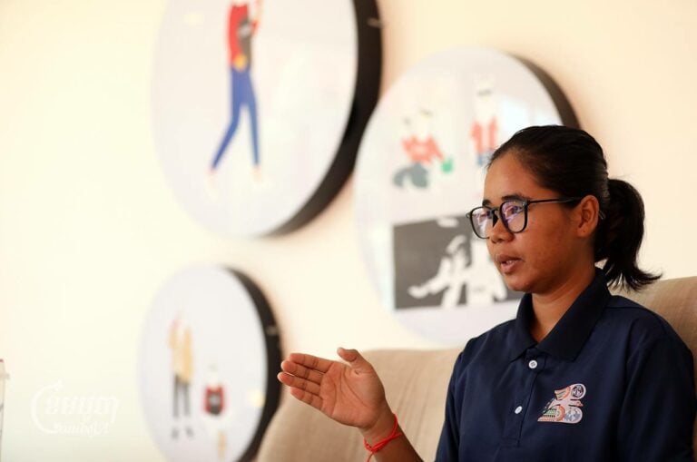 Cambodian Youth Network member Dam Sosreyneang speaks to a CamboJA News reporter during an interview in Phnom Penh on June 7, 2024. (CamboJA/Pring Samrang)