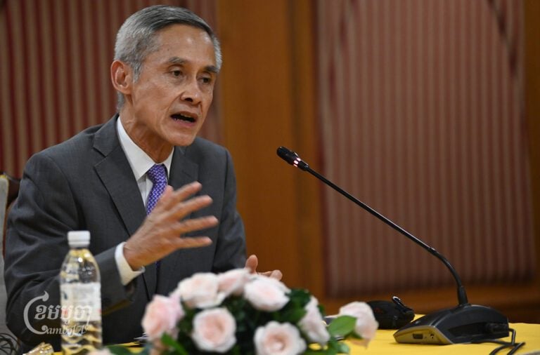 United Nations special rapporteur Vitit Muntarbhorn talks to the press after gathering information about the human rights situation in Cambodia, July 26, 2024. (CamboJA)