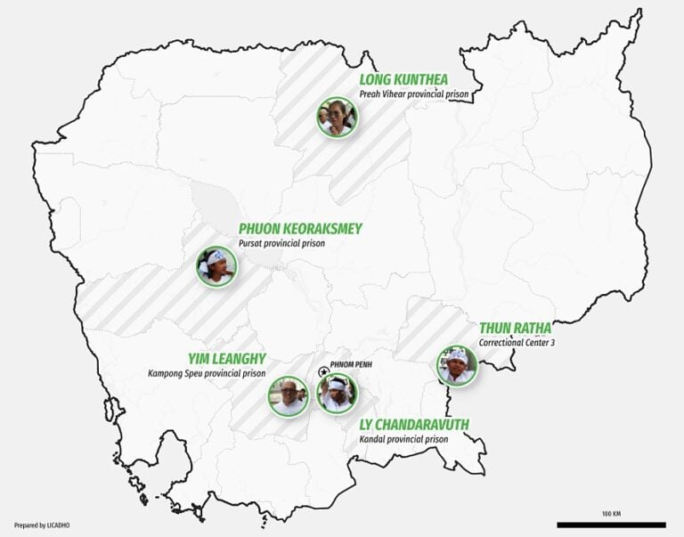 A map showing the prison locations of five Mother Nature activists. (Licadho)