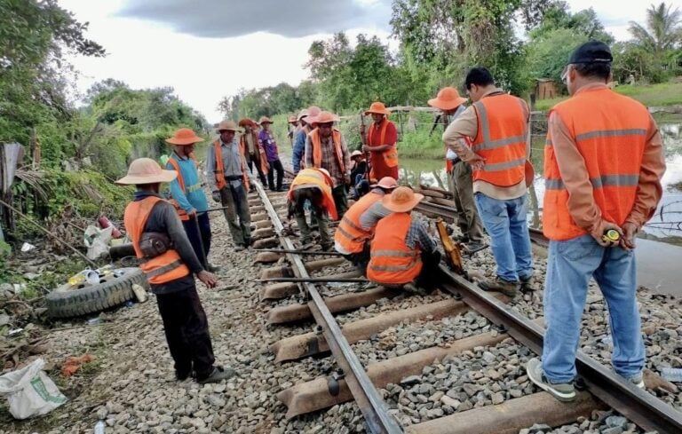 Rail workers repair a track after a train derailed in Pursat province on August 4, 2024. Courtesy of the Ministry of Public Works and Transport