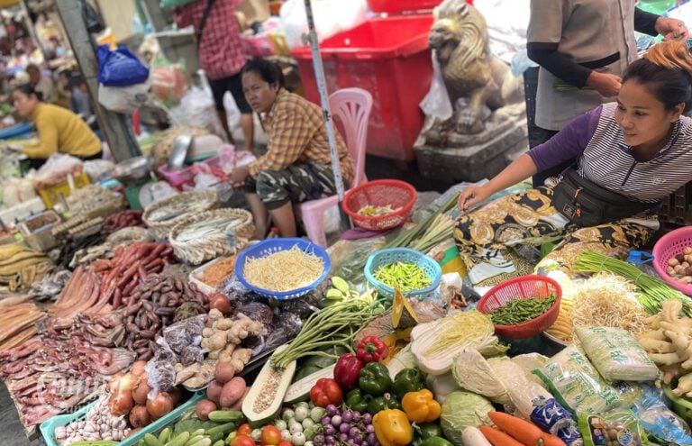 Vendors sell various foods at a market in Phnom Penh, on June 4, 2024. (CamboJA / Pring Samrang)