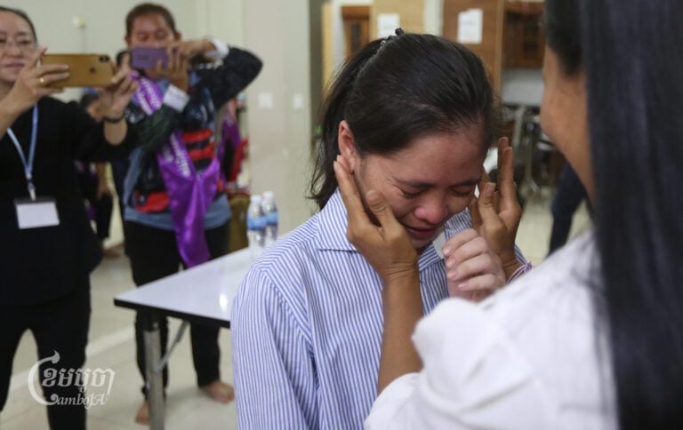 Labor Rights Supported Union of Khmer Employees of NagaWorld president Chhim Sithar cries as she meets supporters and members after being released from prison in Phnom Penh on September 16, 2024. (CamboJA/Pring Samrang)
