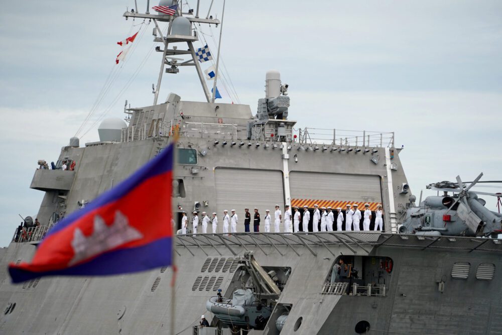 Crew members of the USS Savannah combat ship line up as they prepare to dock in Cambodia's southern port city of Sihanoukville on December 16, 2024. (Photo: AFP)