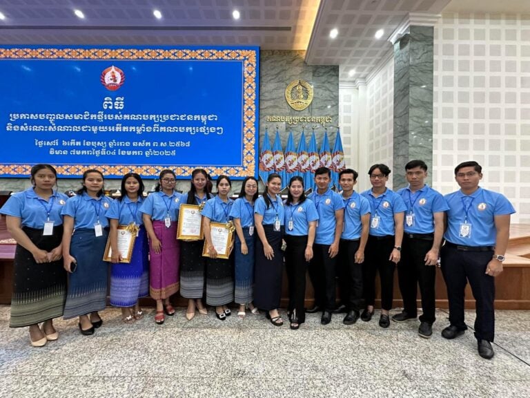 A group photo of new CPP members which include Sak Kanika and other environmental activists at CPP’s headquarters in Phnom Penh on January 4, 2025. A photo post on Chhoeun Daravy’s Facebook.
