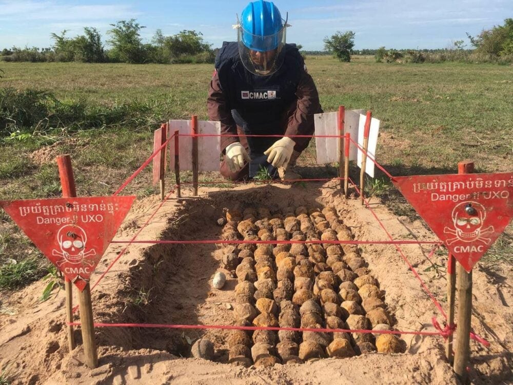 A CMAC staff shows UXO discovered in a mine field. A photo post on CMAC Director-General Heng Ratana&rsquo;s Facebook on January 31, 2025 during his announcement on a halt to their activities following USAID&rsquo;s fund suspension.