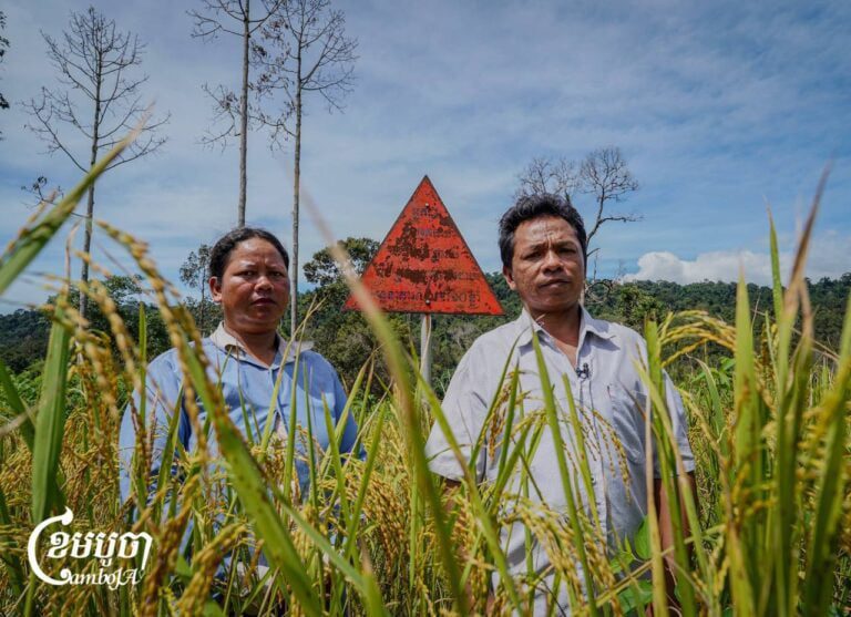 Pork Nget and his wife stand in front of a sign warning that those who burn or fell trees illegally may face five to 10 years in prison. Photo taken on Oct. 29, 2024. (CamboJA)