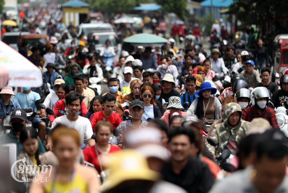 Garment workers leave a factory for lunch in Phnom Penh on April 7, 2025. The US is one of Cambodia’s biggest export markets for garments. (CamboJA/ Pring Samrang)