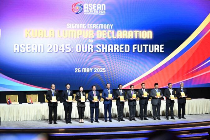ASEAN leaders at the signing of the Kuala Lumpur Declaration on ASEAN 2045: Our Shared Future, on May 26, 2025. A photo posted on ASEAN’s Facebook.
