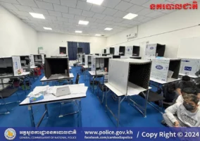 Police raid a scam center in Poipet city, Banteay Meanchey province, February 2025. Photo posted on the National Police website.