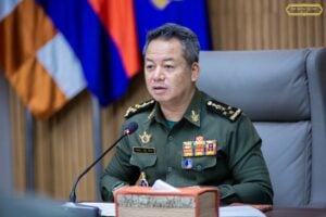 Tea Seiha, Cambodia’s national defense minister, attends a meeting in Phnom Penh. (Photo: National Defense Ministry)