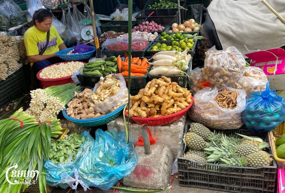 A vendor sells vegetables at a market in Phnom Penh on June 17, 2025. (CamboJA/Pring Samrang)