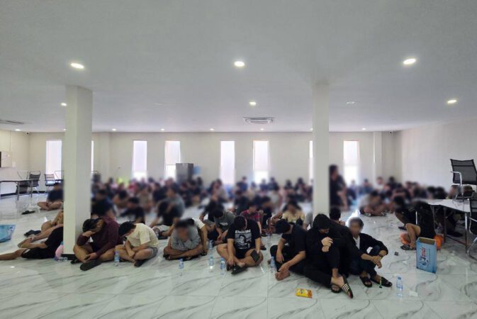 Banteay Meanchey provincial authorities raid a suspected scam compound in Poipet on July 16, 2025. Most of those detained were Indonesian nationals, according to authorities. (Photo from AKP)