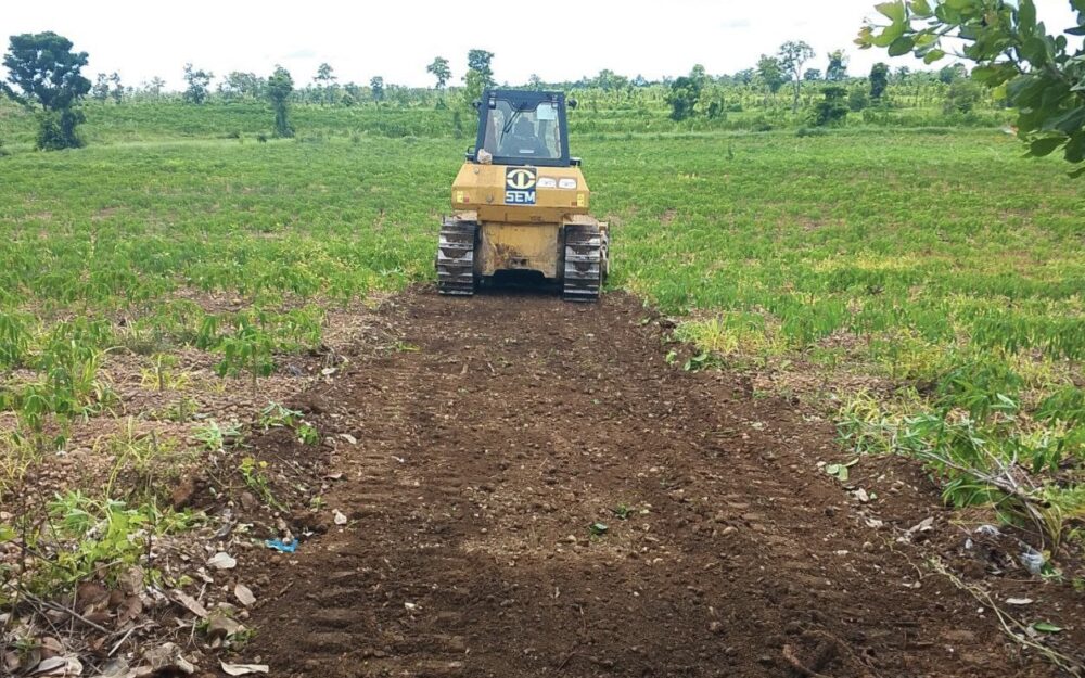 A bulldozer clears cassava plants on land villagers say was illegally taken by a company in Stung Treng’s O’Svay commune on July 1, 2025. (Supplied)