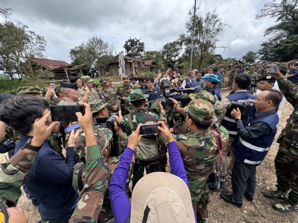 Cambodian military officials brief defense representatives from more than a dozen countries near the Preah Vihear border during a July 30, 2025, observation of a ceasefire with Thailand. (Photo supplied by Sun Narin)