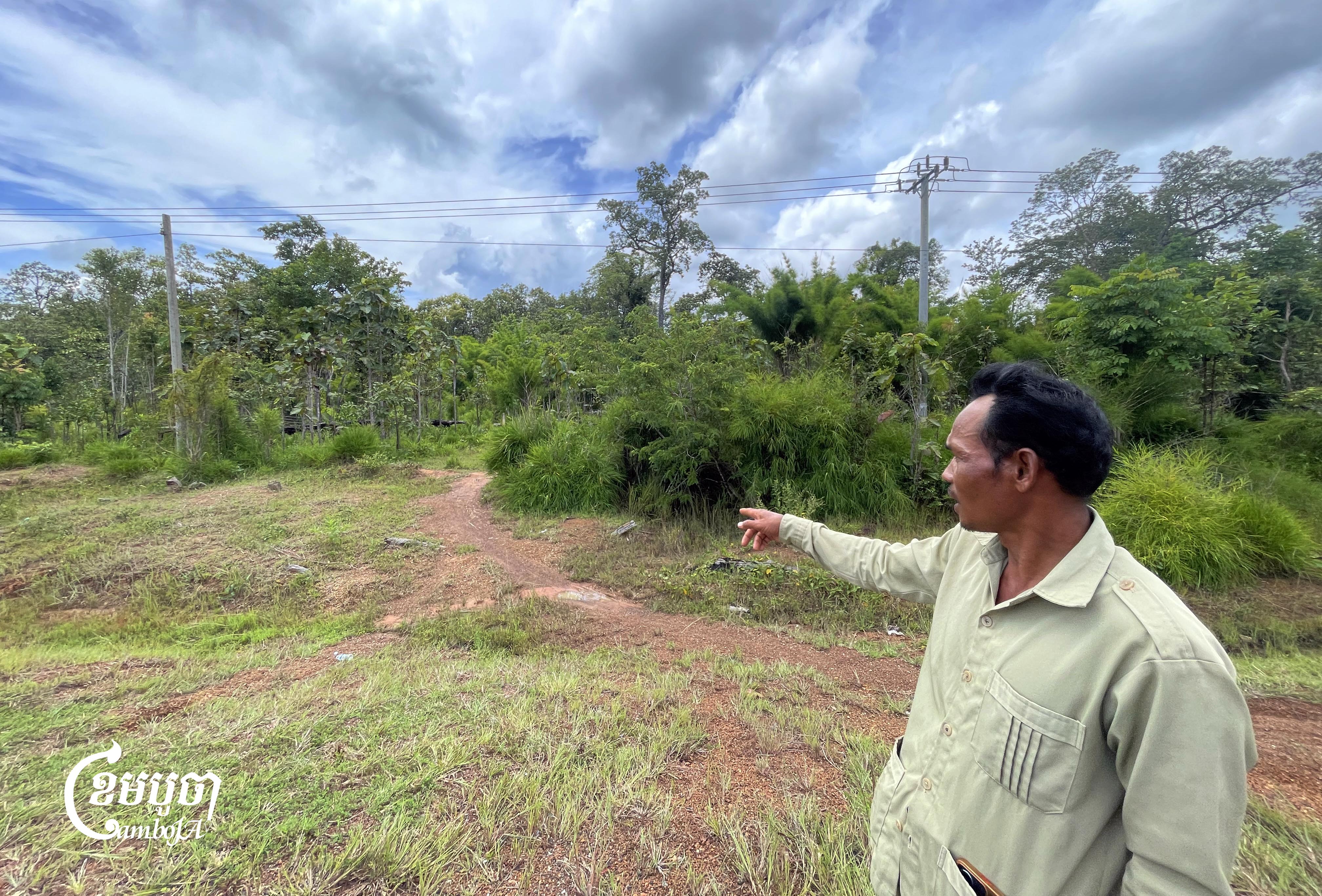 Antres community chief shows the boundary of the reserved forest, believed to be designated as a military base on September 14, 2025. (CamboJA/Khuon Narim)