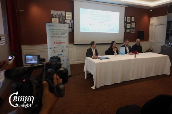 Sor Samnangvathana, co-chairperson representing practitioners, speaks during the EuroCham Healthcare Forum and Innovation Exhibition 2025 in Phnom Penh, October 28, 2025. (CamboJA/Pring Samrang)