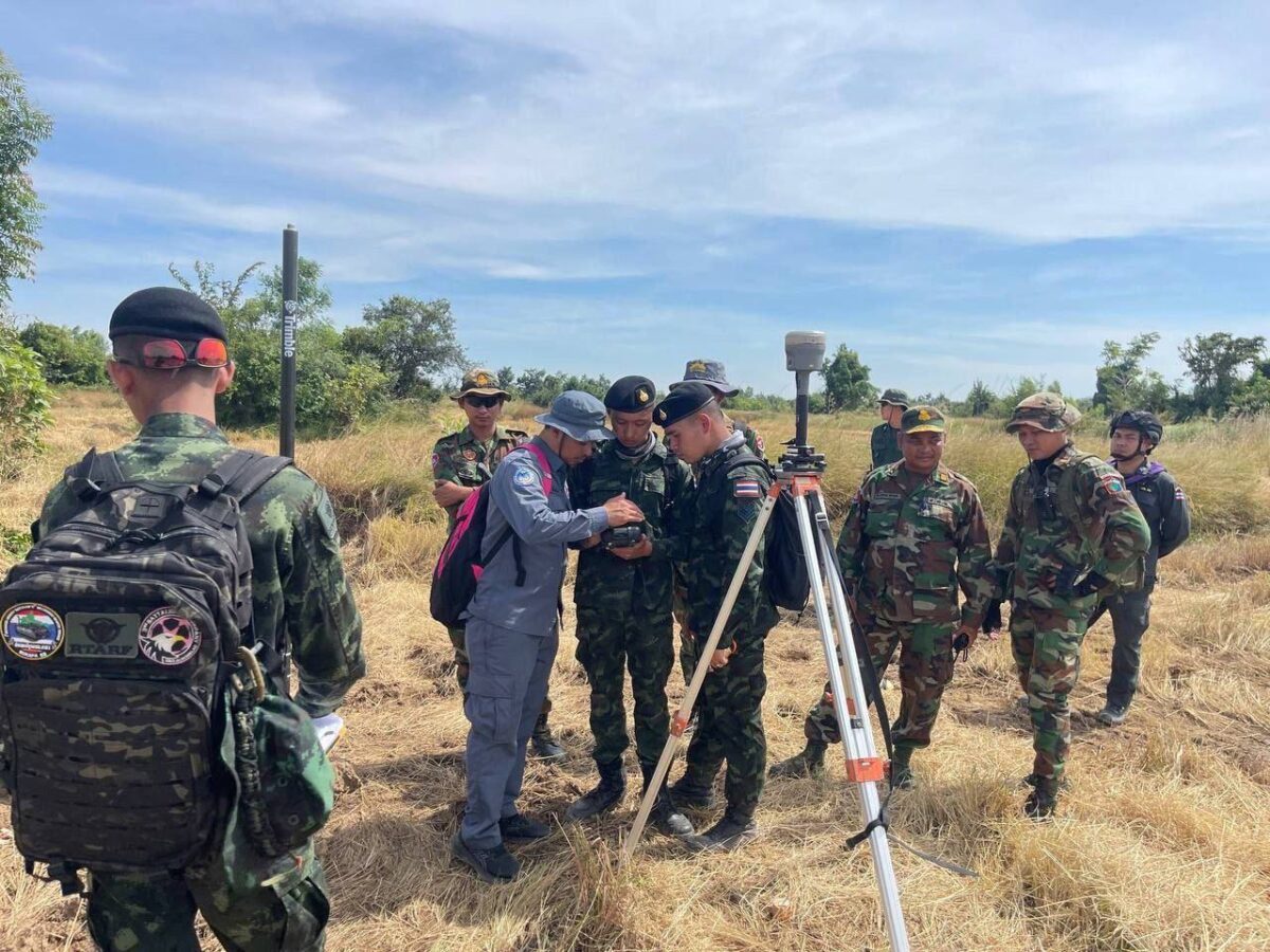 The Cambodia-Thailand joint survey team conduct aerial drone photography to produce photographic maps ahead of the installation of temporary border markers along the section between markers 42 and 47, covering Prey Chan and Chouk Chey villages in O'Bei Choan commune, O'Chrov district, Banteay Meanchey province, Cambodia, and Khok Sung district, Sa Kaeo province, Thailand. (AKP)