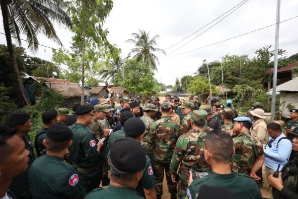 An ASEAN observer team visits a disputed village along the Cambodia-Thailand border after both countries blamed each other for gunfire in the area that killed one Cambodian and injured three others. Nov. 13, 2025. (National Defense Ministry)