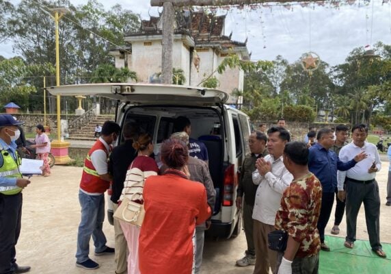 An ambulance carries bodies after a bus crashed and plunged into a canal in Kampong Thom province, killing 13 and injuring 24. (Photo: Long Kisoeung/Facebook)