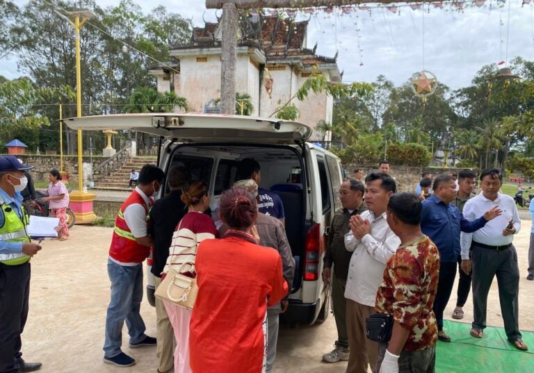 An ambulance carries bodies after a bus crashed and plunged into a canal in Kampong Thom province, killing 13 and injuring 24. (Photo: Long Kisoeung/Facebook)