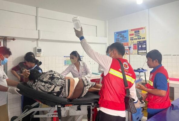 Medical staff treat an injured villager from Prey Chan at a local center after a reported shooting involving Thai troops on Nov. 12, 2025. Photo posted on Facebook by Information Minister Neth Pheaktra.